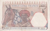 French West Africa 25 Francs - Man and horse, Lion - Red numerals - 1942 - Serial B.2825 - VF+ - P.27