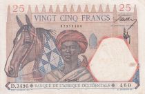 French West Africa 25 Francs - Man and horse, Lion - Red numerals - 1942 - Serial D.3496- VF+ - P.27