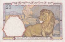 French West Africa 25 Francs - Man and horse, Lion - Red numerals - 1942 - Serial D.3496- VF+ - P.27