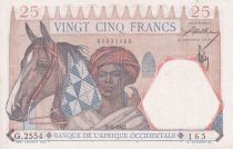 French West Africa 25 Francs - Man and horse, Lion - Red numerals - 1942 - Serial G.2554 - XF - P.27