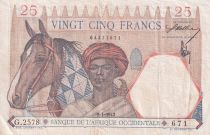 French West Africa 25 Francs - Man and horse, Lion - Red numerals - 1942 - Serial G.2578 - VF - P.27