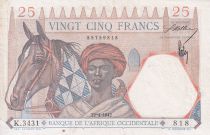 French West Africa 25 Francs - Man and horse, Lion - Red numerals - 1942 - Serial K.3431 VF+ - P.27