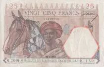 French West Africa 25 Francs - Man and horse, Lion - Red numerals - 1942 - Serial N.2849 - VF - P.27