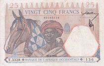 French West Africa 25 Francs - Man and horse, Lion - Red numerals - 1942 - Serial T.3328 - VF+ - P.27