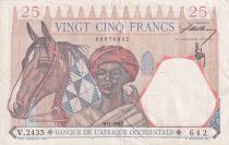 French West Africa 25 Francs - Man and horse, Lion - Red numerals - 1942 - Serial V.2435 - VF+ - P.27