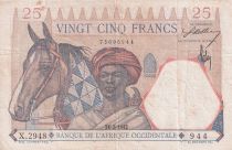 French West Africa 25 Francs - Man and horse, Lion - Red numerals - 1942 - Serial X.2948 - VF - P.27