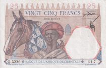 French West Africa 25 Francs - Man and horse, Lion - Red numerals - 1942 - VF+ - P.27