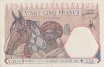 French West Africa 25 Francs - Man and horse, Lion - VF