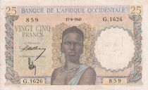 French West Africa 25 Francs - Woman, Man with a cow - 1943 - Serial  G.1626- XF - P.38