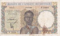 French West Africa 25 Francs - Woman, Man with a cow - 1943 - Serial  P.1644 - VF - P.38