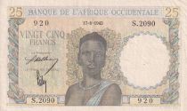 French West Africa 25 Francs - Woman, Man with a cow - 1943 - Serial  S.2090 - VF+ - P.38