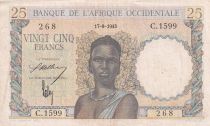 French West Africa 25 Francs - Woman, Man with a cow - 1943 - Serial C.1599 - VF+ - P.38