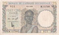 French West Africa 25 Francs - Woman, Man with a cow - 1943 - Serial M.11708  - VF+ - P.38