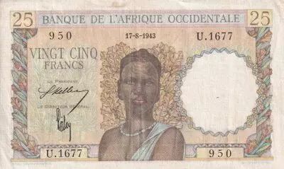 French West Africa 25 Francs - Woman, Man with a cow - 1943 - Serial U.1677 - VF+ - P.38