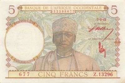 French West Africa 5 Francs - 02-03-1943 - P.26