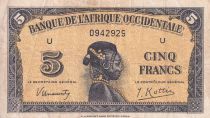 French West Africa 5 Francs - African - 1942 - F - Serial U - P.28a