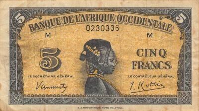 French West Africa 5 Francs - African woman - 14-12-1942 - P.28a