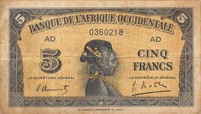 French West Africa 5 Francs - African woman - 14-12-1942 - P.28b