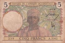 French West Africa 5 Francs - Coffe tree - Man weaving - 10/03/1938 - Serial A.5362 - F - P.21