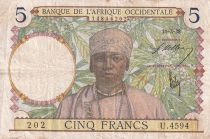 French West Africa 5 Francs - Coffe tree - Man weaving - 10-03-1938 - Serial U.4594 - P.21