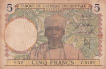 French West Africa 5 Francs - Coffe tree - Man weaving - 10/03/1938 - Serial Y.5789 - F+ - P.21