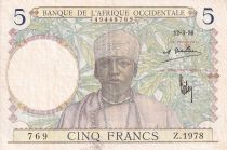 French West Africa 5 Francs - Coffe tree - Man weaving - 12-03-1936 - SerialZ.1978 - VF+ - P.21