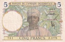 French West Africa 5 Francs - Coffe tree - Man weaving - 12-08-1937 - Serial Z.3779  - VF - P.21