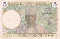 French West Africa 5 Francs - Coffe tree - Man weaving - 15-03-1937 - Serial H.2849 - VF+ - P.21