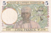 French West Africa 5 Francs - Coffe tree - Man weaving - 15-03-1937 - Serial W.2378 - VF+ - P.21