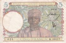 French West Africa 5 Francs - Coffe tree - Man weaving - 15-06-1942 - Serial K.10117 - F+ - P.25