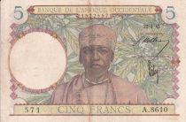 French West Africa 5 Francs - Coffe tree - Man weaving - 22-04-1942 - Serial A.8610 - VF+ - P.25