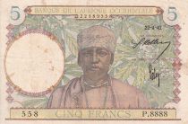 French West Africa 5 Francs - Coffe tree - Man weaving - 22-04-1942 - Serial P.8888 - VF - P.25
