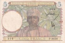 French West Africa 5 Francs - Coffe tree - Man weaving - 22-04-1942 - Serial P.9038 - XF - P.25