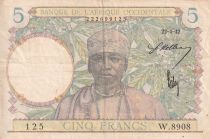 French West Africa 5 Francs - Coffe tree - Man weaving - 22-04-1942 - Serial W.890U.4594 - P.21