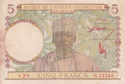1943 FRENCH WEST AFRICA  5 Francs Banknote UNC. P.26 