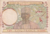 French West Africa 5 Francs - Coffe tree - Man weaving - Red numbers - 1943 - Serial S.13344 - VF+ - P.26