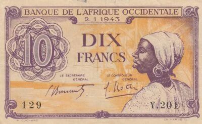 French West Africa 5 Francs - Coffee Plant - Weaver - Red Numerals - 1943 - Series Y