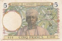 French West Africa 5 Francs - Coffee tree - Man weaving - 10-03-1938 - Serial Z.5049 - VF+ - P.21