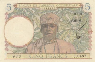 French West Africa 5 Francs - Coffee Tree - Weaver Bird - 22-04-1942 - Series J