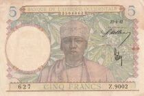 French West Africa 5 Francs - Coffee Tree - Weaver Bird - 22-04-1942 - Series Z