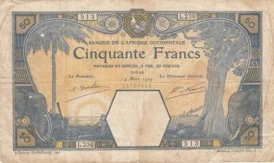 French West Africa 50 Francs Dakar - Elephants - 14-03-1929 - Series L.230