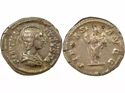 Fulvia Plautilla - Silver Denarius, Standing Pietas - 203 Rome