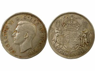 George VI - 50 Silver Cents, 1st Type - 1943 Ottawa