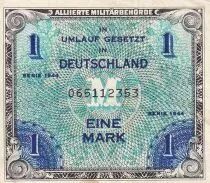 Germany 1 Mark AMC, blue on lt blue - 1944 9 digit with F -VF+ - P192a