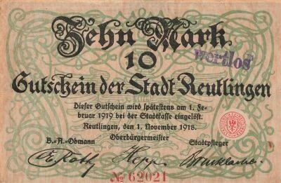 Germany 10 Mark - Reutlingen - Notgeld - Overprint wertlos - 1918