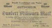 Germany 100 millionen Mark - City of Main-Frankfurt - Serial A  - 1923