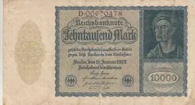 Germany 10000 Mark Portrait of man by Durer - 1922 - UNC - P.72 - Serial D.