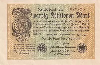 Germany 20 Millionen Mark - Olive & Brown - 1923 - Varieties watermarks and serials - XF - P.108