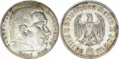 Germany 5 Reichsmark Hindenburg 1936 D Munich  - Silver - VF - KM.86