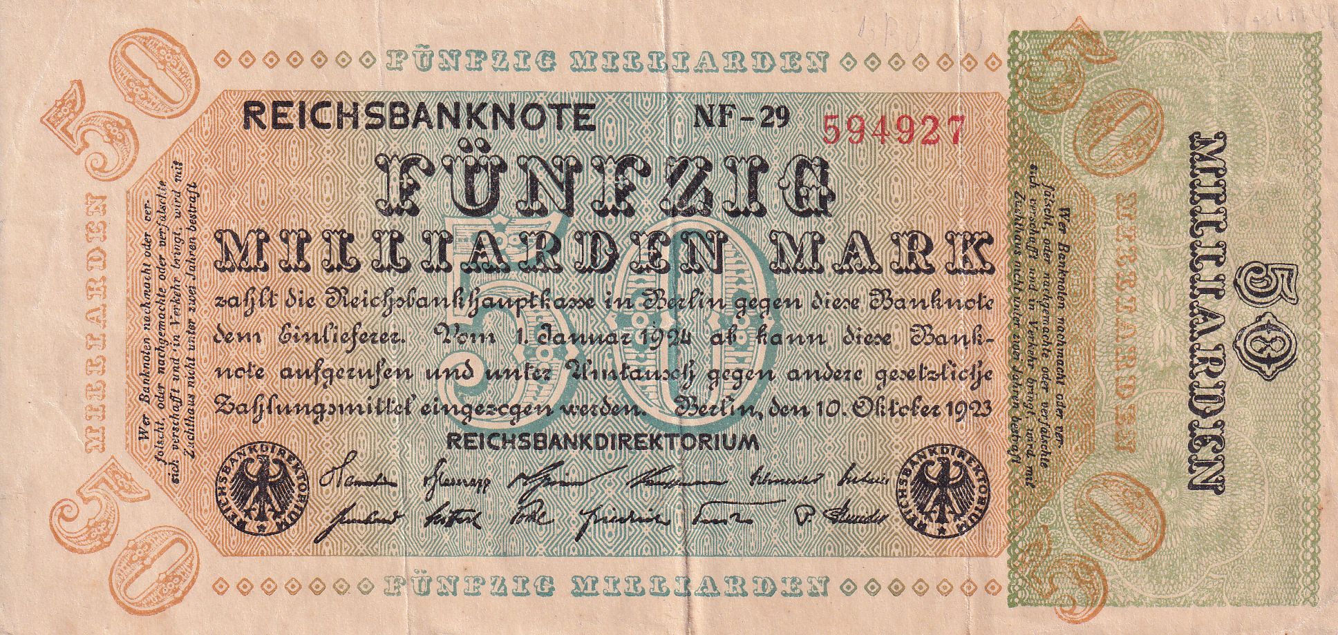 GERMANY 50 MILLIARDEN BILLION MARKS 1923 P 125 8RW 28JUL UNC CONDITION 